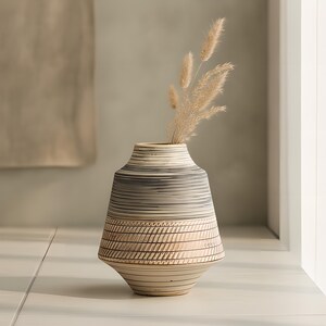May include: A ceramic vase with a tapered neck and wide body, featuring horizontal black and white stripes on the top half and a textured pattern of diagonal lines on the bottom half, containing several dried beige grass stems.