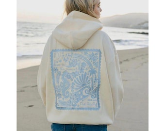 Pink Palm Puff Embroidered Hoodie, Everything Comes In Waves Pullove