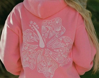 Pink Palm Puff Embroidered Hoodie, Everything Comes In Waves Pullover, Gift For Daughter