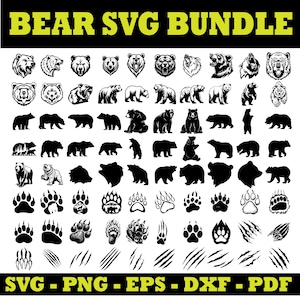 Puede incluir: Una colección digital de gráficos de osos en blanco y negro, que incluye varias cabezas de oso, siluetas de cuerpo completo, huellas de patas y marcas de garras. El texto BEAR SVG BUNDLE está arriba, y SVG - PNG - EPS - DXF - PDF abajo.