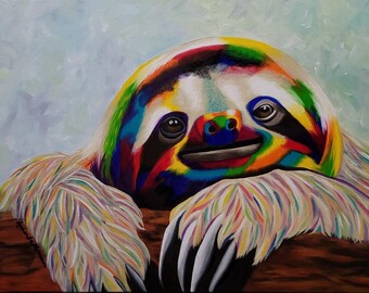 Colorful Sloth Art Print, Resting on Log, Vibrant Giclee Reproduction by Amanda Norman