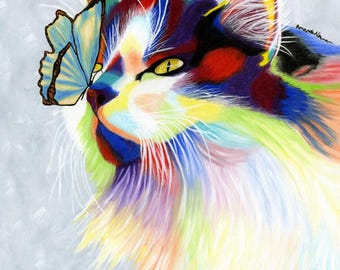 Colorful oil painting Cat & Butterfly Rainbow Kitten portrait art print poster