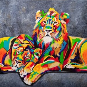 May include: A vibrant, multi-colored painting of two lions resting together. The lions are rendered in bold, saturated hues of red, yellow, blue, green, and orange against a dark, textured gray background, creating a striking contrast.