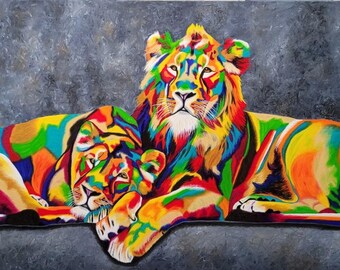 Colorful Lion Lioness Cuddling Prophetic Christian Art Print by Amanda Norman