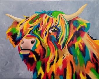 Scottish Highland Cow Print: Colorful Fauvist Art, Rainbow Palette, Giclee Reproduction