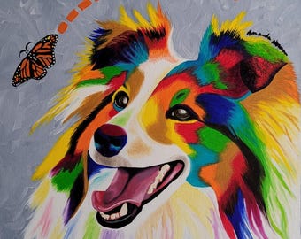 Sheltie & Butterfly Colorful Dog Canine Art Print Of Painting By Amanda Norman