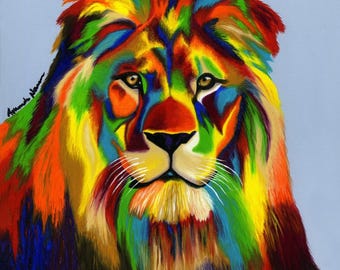 Lion of Judah Oil Painting: Vibrant Rainbow Animal Art (16x20in)