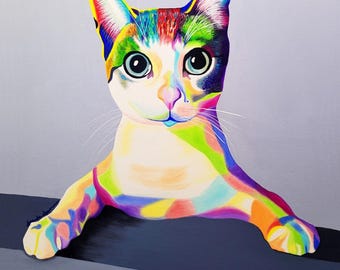 Colorful Rainbow Cat Kitten Art Print by Amanda Norman – Abstract Feline Oil Painting Reproduction