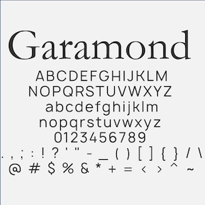 以下が含まれることがあります： Garamond書体を表示する白黒のタイポグラフィ見本シート。AからZまでの大文字と小文字、0から9までの数字、および行に配置された句読点と記号の包括的なセットが含まれています。