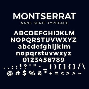Könnte beinhalten: Eine digitale Darstellung der serifenlosen Schriftart Montserrat mit weißen Groß- und Kleinbuchstaben, den Zahlen null bis neun sowie verschiedenen Satzzeichen und Symbolen auf einem dunkelblauen Hintergrund.