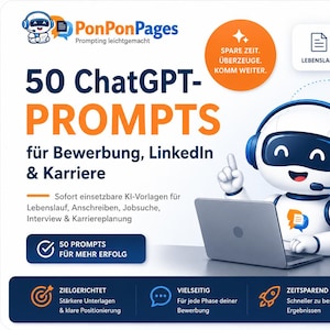 Può includere: Una grafica digitale per PonPonPages che mostra un robot bianco con cuffie blu davanti a un computer portatile. Il testo recita 50 ChatGPT-PROMPTS per candidature, LinkedIn e carriera, con icone per curriculum e lettera di presentazione.