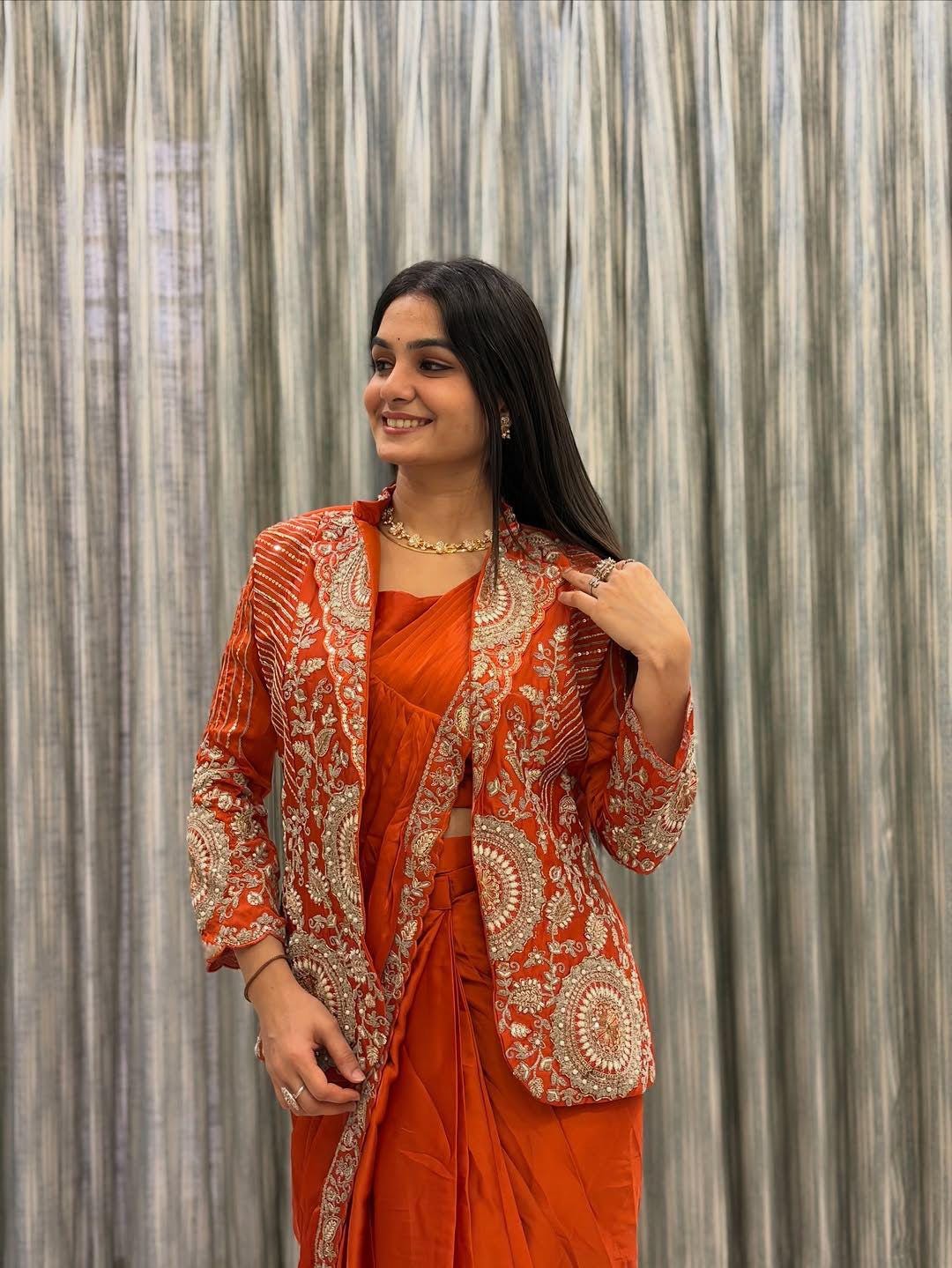 Ready To Wear Satin Silk Saree Set: Embroidered Jacket & Belt, Full Stitched