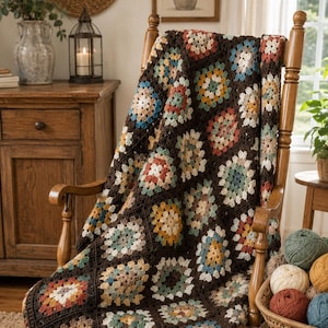 May include: A crochet blanket featuring a granny square pattern with dark brown borders and multi-colored centers in shades of blue, yellow, cream, and rust. The blanket is draped over a wooden rocking chair, showcasing the intricate yarn work.