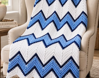 Schema PDF per coperta all'uncinetto a onde blu e bianche / Coperta afghana vintage a chevron / Schema fai da te facile all'uncinetto / Download digitale immediato