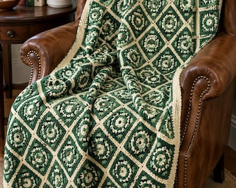 Modèle de couverture au crochet, modèle de couverture carrée grand-mère, couverture florale PDF, jeté style vintage vert et crème, téléchargement instantané
