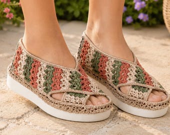 Häkelschuh-Anleitung (PDF), Anleitung für quadratische Sandalen im Oma-Stil, Häkelpantoffeln, Sommerschuhe für Damen, Häkelsandalen, Sofort-Download
