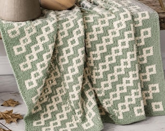 Modèle de couverture au crochet, jeté géométrique au crochet (PDF), modèle afghan moderne, couverture vert sauge et crème, téléchargement instantané