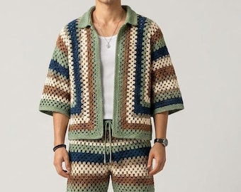 Modèle PDF de chemise et de short au crochet pour hommes, ensemble d'été carré grand-mère (téléchargement numérique)