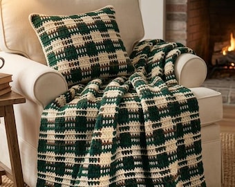 Modèle de couverture et de coussin tartan au crochet | Modèle de couverture et de coussin à carreaux au crochet | Décoration intérieure vintage | PDF instantané