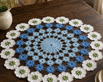 Modèle de napperon au crochet, napperon en dentelle florale (PDF), fleurs bleues et blanches au crochet, décoration de table vintage, modèle à télécharger instantanément.