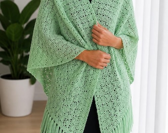 Modèle PDF de châle au crochet, motif cache-cœur avec franges en dentelle, Ruana au crochet léger, châle élégant pour femme, modèle au crochet adapté aux débutants