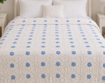 Schema PDF per copriletto all'uncinetto / Schema per coperta vintage in pizzo all'uncinetto / Coperta afghana floreale blu / Copriletto fatto a mano / Download immediato