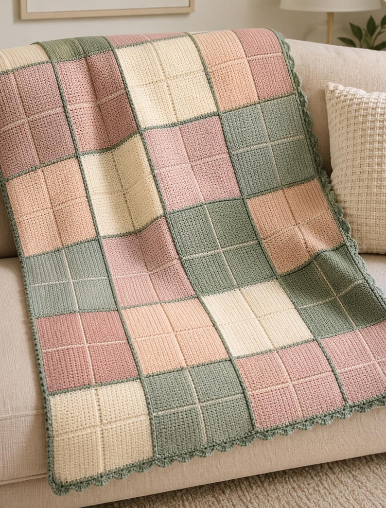 Pu&ograve; includere: Una coperta lavorata all'uncinetto a mano con un motivo a griglia di blocchi quadrati alternati in tonalit&agrave; tenui di verde salvia, rosa antico e crema. La coperta &egrave; rifinita con un bordo smerlato in verde salvia, che mostra un punto testurizzato.