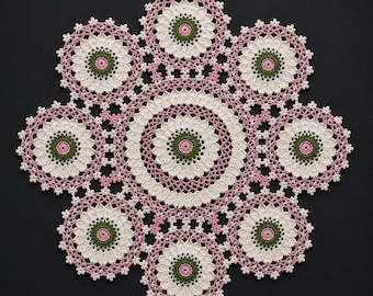 Modèle de napperon au crochet | Tutoriel motif mandala rose et vert | Chemin de table vintage à cercles multiples | Téléchargement instantané