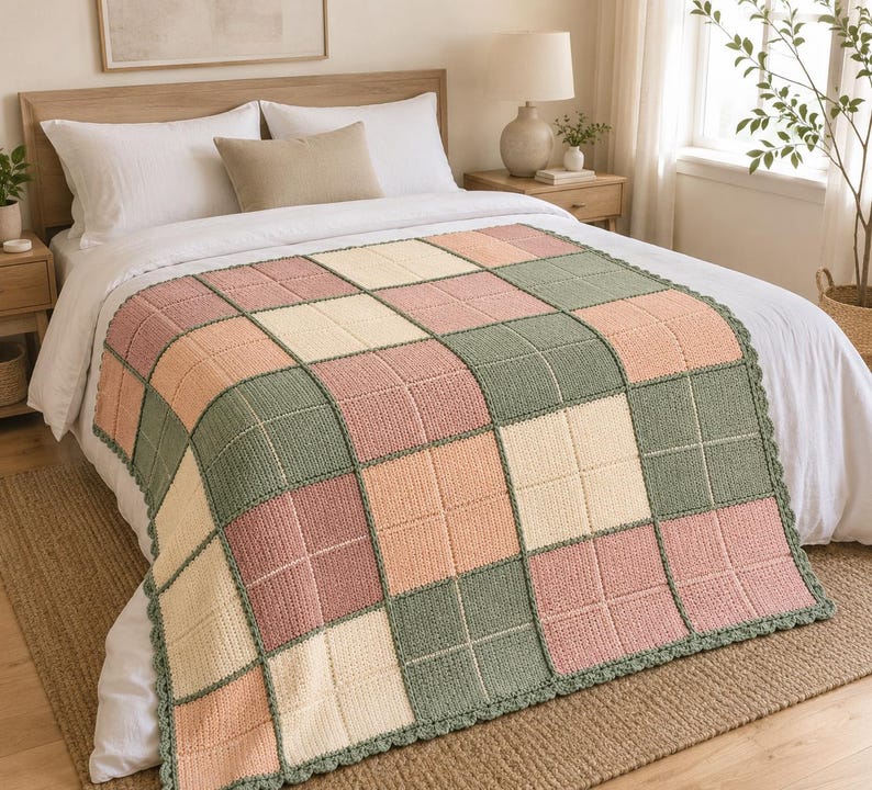 Pu&ograve; includere: Una coperta all'uncinetto fatta a mano con un motivo a scacchiera ripetuto di blocchi quadrati in verde salvia tenue, rosa antico delicato e bianco crema. Il tessuto presenta una finitura a maglia testurizzata e un bordo smerlato verde salvia.