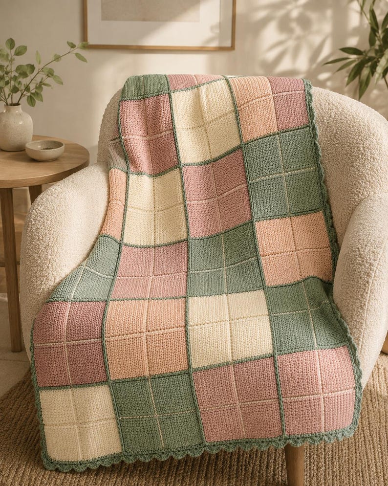 Pu&ograve; includere: Una coperta all'uncinetto caratterizzata da un motivo a griglia di quadrati alternati in tonalit&agrave; verde salvia tenue, crema delicato e rosa antico. La coperta presenta un bordo smerlato ed &egrave; composta da quadrati uniti in un motivo a scacchiera.