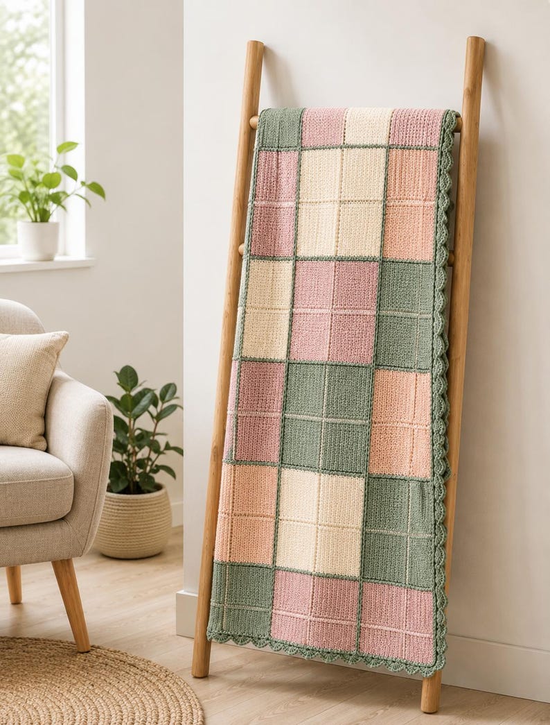Pu&ograve; includere: Una coperta rettangolare all'uncinetto con un motivo a griglia di quadrati alternati in verde salvia, rosa tenue e crema. La coperta &egrave; realizzata con un punto testurizzato e rifinita con un bordo smerlato in filato verde salvia.