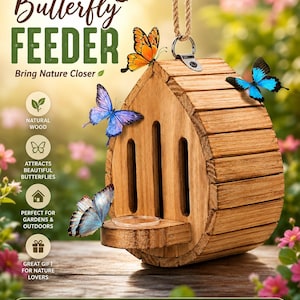 May include: A wooden butterfly feeder with a house-shaped design, featuring vertical slots, a small circular feeding tray, and a rope for hanging. The text reads Butterfly Feeder, Bring Nature Closer, Natural Wood, Attracts Beautiful Butterflies, Perfect for Gardens & Outdoors, Great Gift for Nature Lovers, Eco Friendly, Hand Crafted, Weather Resistant, Easy to Hang.
