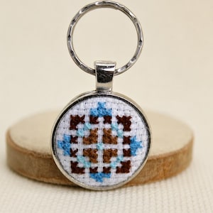 Blue Brown Embroidered Keychain, Geometric Cross Stitch Key Ring