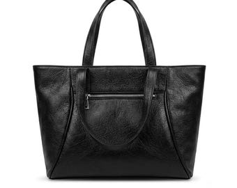 Bolso tote de piel vegana negra / Bolso de hombro minimalista para el trabajo, bolso para portátil