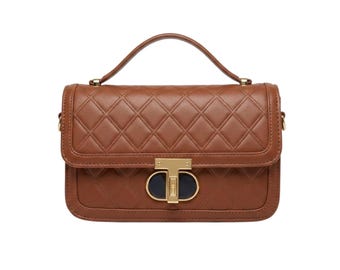 Bolso de mano acolchado marrón con asa superior / Bolso bandolera con pespuntes en forma de diamante, bolso de piel vegana.