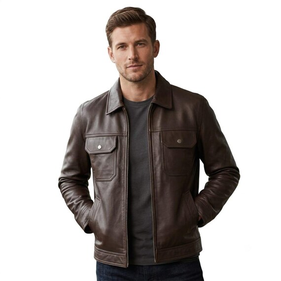 Men's Brown Genuine Sheep Leather Trucker Jacket | Handmade Casual Coat Gift Him