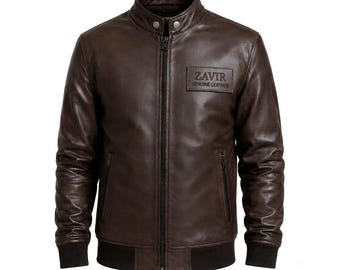Chaqueta bomber de piel de oveja marrón para hombre / Abrigo de moto ZAVIR hecho a mano