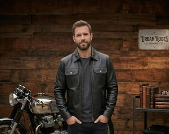 Chaqueta vaquera de piel de oveja negra para hombre – Abrigo informal de corte ajustado