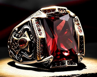 Anello con cristallo rosso / Anello da uomo di tendenza / Gioielli in stile gotico