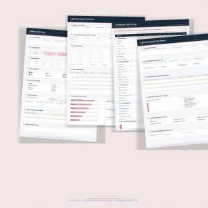Peut inclure: Un ensemble de quatre pages PDF imprimables intitulé WellChart Period & Hormone Bundle, composé de feuilles blanches avec des en-têtes bleu foncé et des accents roses. Les pages incluent un journal de cycle quotidien, un aperçu mensuel, un journal des symptômes et une fiche de préparation pour gynécologue avec des cases à cocher, des champs de suivi et des listes de symptômes.