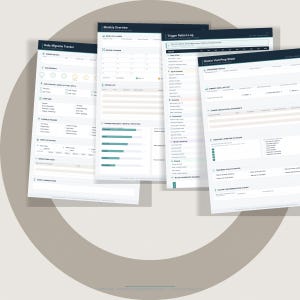 Può includere: Un set di quattro moduli cartacei bianchi per il monitoraggio della salute, tra cui Daily Migraine Tracker, Monthly Overview, Trigger Pattern Log e Doctor Visit Prep Sheet, con intestazioni blu scuro e sezioni organizzate per l'inserimento dati.