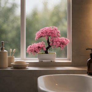 Puede incluir: Un bonsái artificial decorativo con flores de color rosa vibrante y un tronco oscuro y texturizado. El árbol está plantado en un recipiente rectangular de cerámica blanca con cuatro patas pequeñas, sobre un alféizar frente a una ventana.