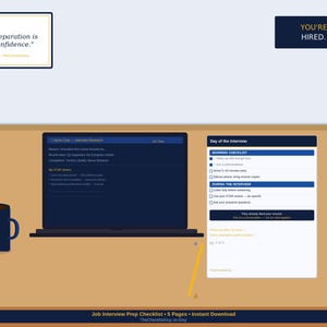 May include: A digital job interview preparation checklist featuring a laptop displaying research notes, a day-of-interview task list, a dark blue mug with TCG text, and a yellow pencil. Text includes "Preparation is confidence," "YOU'RE HIRED," and "Job Interview Prep Checklist."