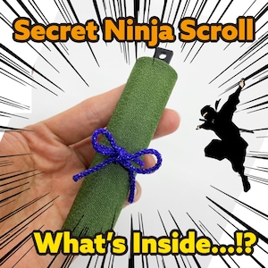 May include: A cylindrical green textured scroll tied with a purple cord, featuring the text Secret Ninja Scroll and What's Inside...!? along with a black silhouette of a ninja against a background of black radiating lines.