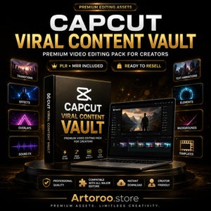 Może przedstawiać: Czarne pudełko z napisem Capcut Viral Content Vault złotym tekstem, w towarzystwie laptopa z oprogramowaniem do edycji wideo. Obraz zawiera ikony przejść, efektów, nakładek, efektów dźwiękowych, animacji tekstu, elementów, teł i szablonów.