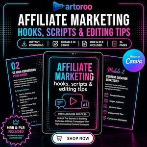 Peut inclure: Un guide de marketing numérique intitulé Affiliate Marketing Hooks, Scripts & Editing Tips affiché sur une tablette. Le design présente du texte néon rose et bleu sur fond noir, incluant des modules pour les accroches vidéo et stratégies.