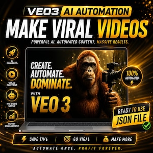 May include: A laptop screen displays an orangutan holding a camera with text reading VEO3 AI AUTOMATION MAKE VIRAL VIDEOS. Additional text includes CREATE. AUTOMATE. DOMINATE. WITH VEO 3, 100% AUTOMATED, READY TO USE JSON FILE, and various icons.
