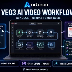 May include: A digital graphic displaying the VEO3 AI VIDEO WORKFLOW by artoroo, featuring a laptop screen with an n8n workflow diagram. The diagram includes nodes for Trigger, Plan Ideas, Write Script, Build Scenes, Create Prompts, Generate Plan, Finalize, and Output. Text includes JSON Workflow Included, Setup Guide Included, and Outputs Included.