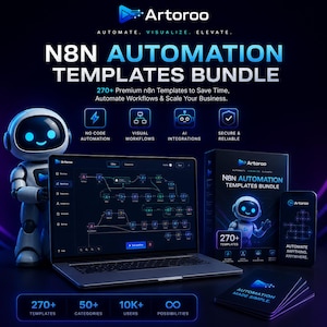 以下が含まれることがあります： Artoroo N8N Automation Templatesのデジタル製品バンドル。ワークフローを表示したノートパソコン、小さな白いロボット、製品ボックス、スマートフォン、Automation Made Simpleというテキストが記載されたカードが配置されています。