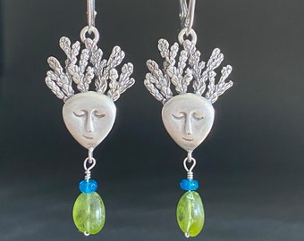 Peridot Earrings, Face earrings, sterling silver, handmade in USA